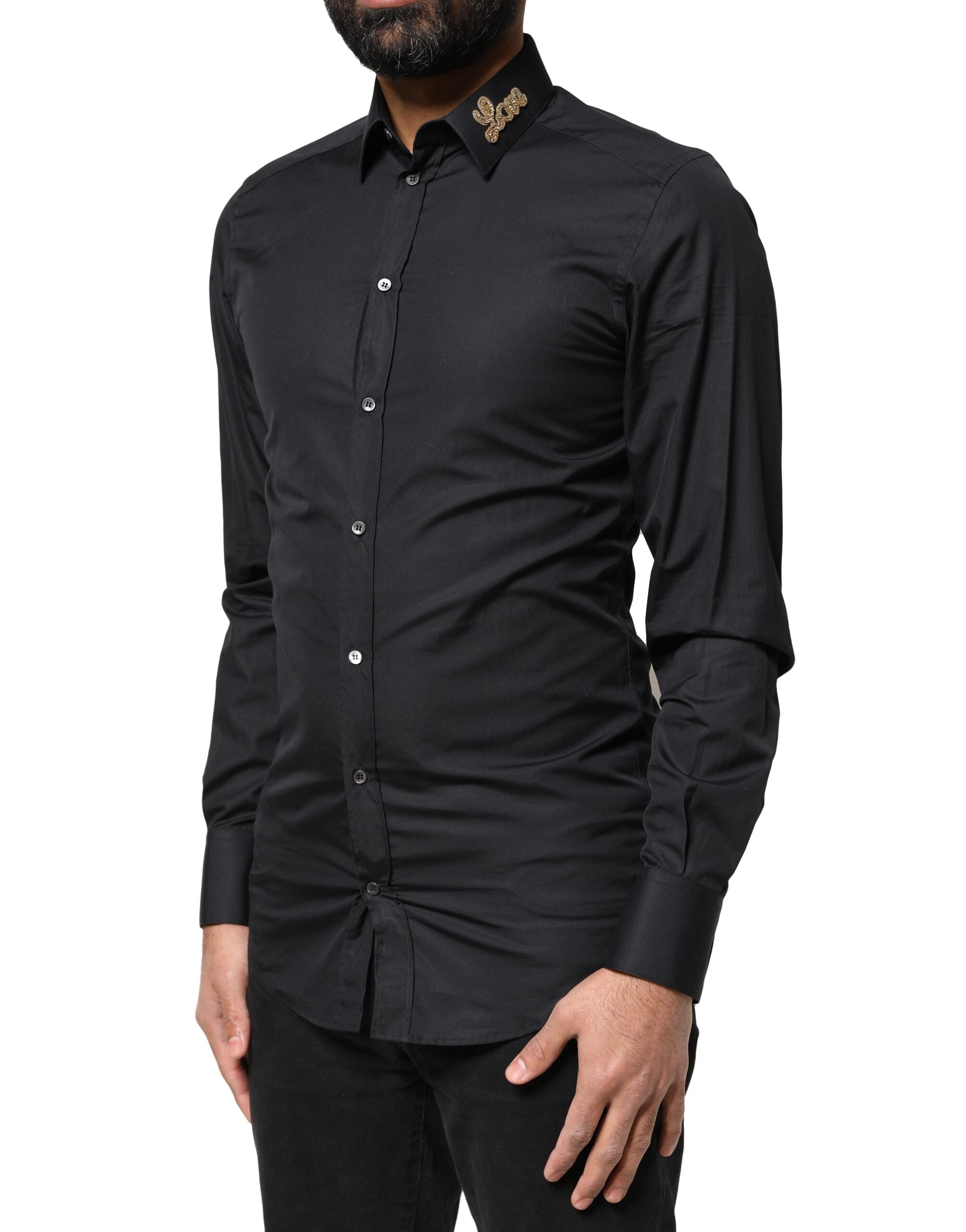 Dolce & Gabbana Schwarzes Love Stickerei GOLD Formelles Hemd